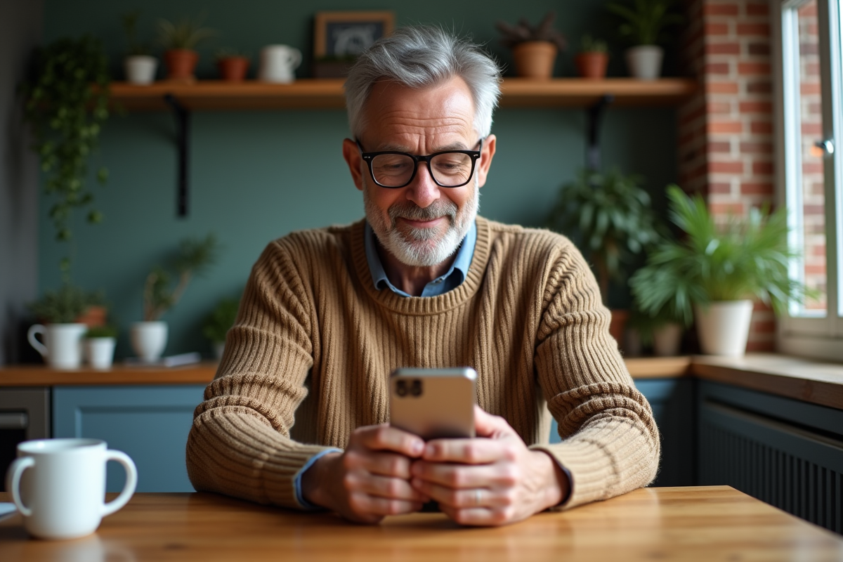 Homme âgé examinant un smartphone d