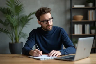 Homme pensif dans un bureau moderne et minimaliste