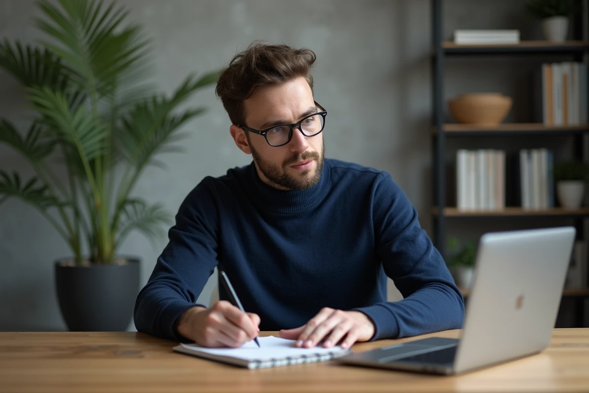 Homme pensif dans un bureau moderne et minimaliste