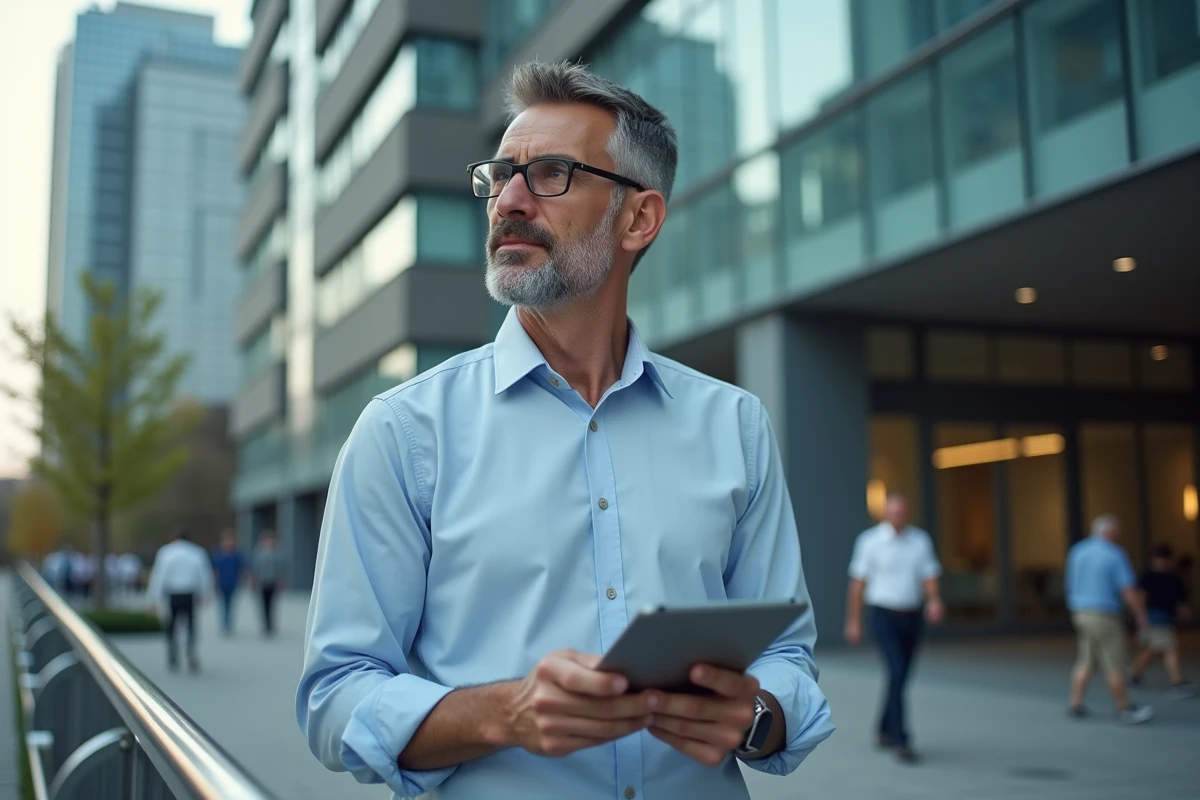 Homme d affaires regardant son tablet en ville