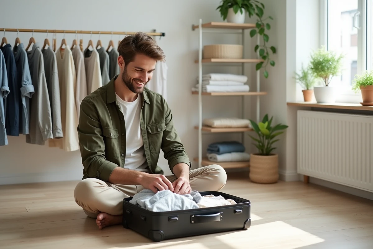 Jeune homme arrangeant ses vêtements dans une valise