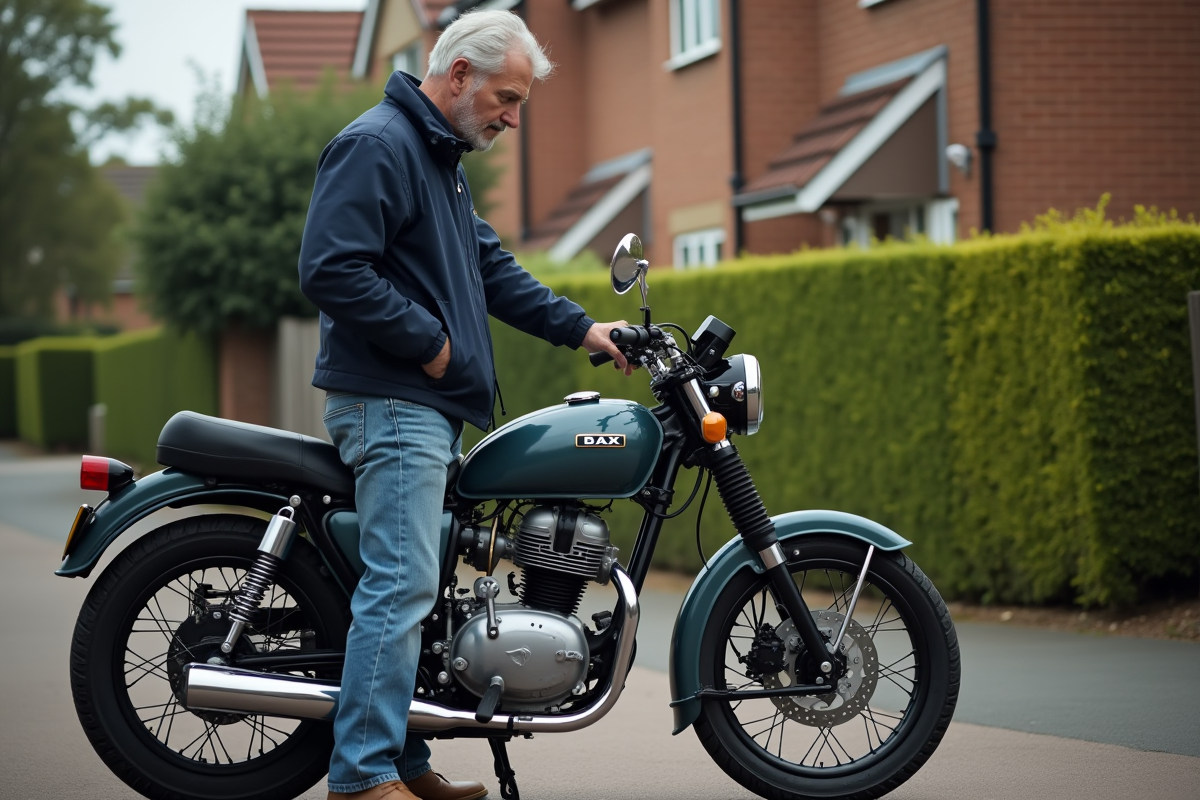 Homme d'âge moyen inspectant une moto Dax vintage dans la cour