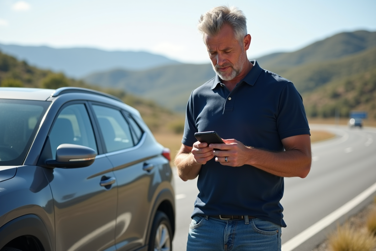 Homme d'âge moyen près d'une voiture hybride en voyage