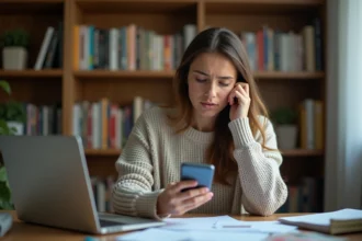 Femme tenant un smartphone affichant un numéro inconnu, cherchant à identifier l'appelant via un site d'identification de numéro