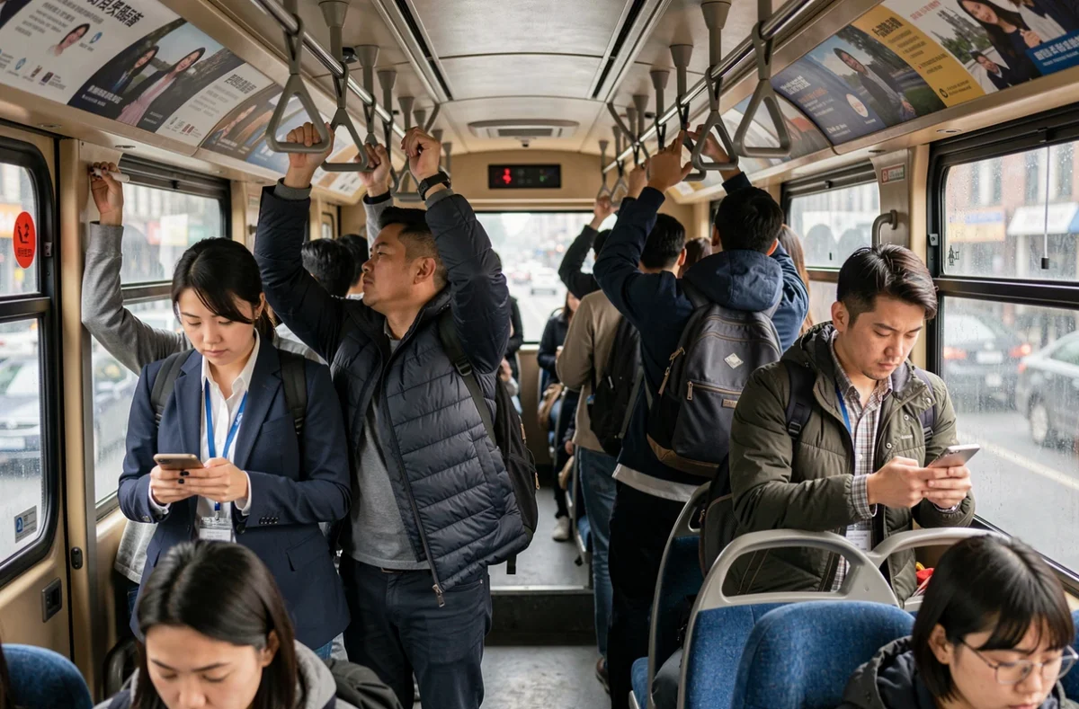 Intérieur d'un bus bondé avec des passagers debout pendant les heures de pointe