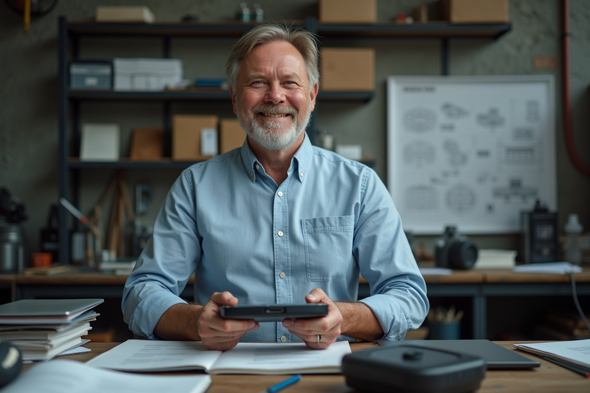 Inventeur homme avec prototype dans atelier industriel
