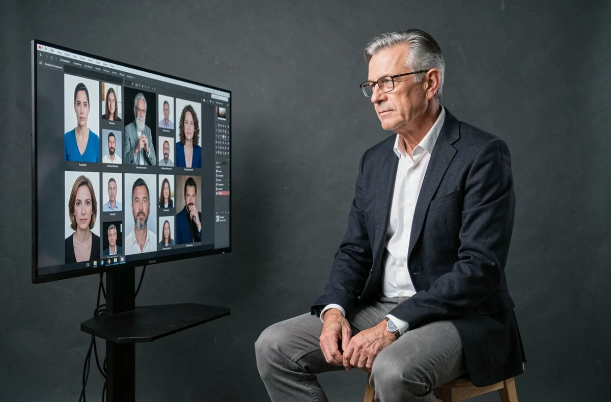 Jacques Mateos, photographe portraitiste, assis dans un studio minimaliste devant un écran affichant des portraits, en blazer sombre et lunettes