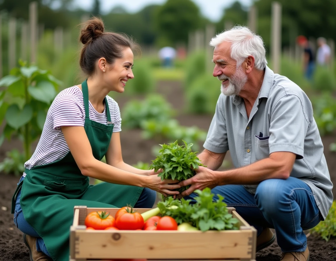 Jeune femme offrant des légumes frais à un retraité dans un jardin partagé illustrant l'agri convivial