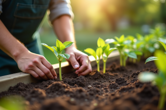 Mains de jardinier plantant jeunes fruits dans un jardin lumineux