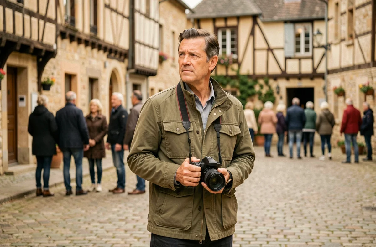 Jean-Christophe Coutand Méheut, photographe, debout sur une place de village tourangeau pavée, tenant son appareil, regard pensif vers l'horizon