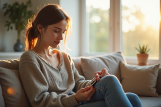 Jeune adulte vérifiant sa glycémie dans un salon lumineux