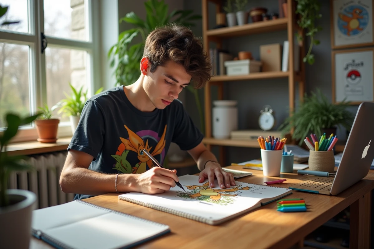 Jeune artiste dessinant un charizard dynamique dans son studio lumineux