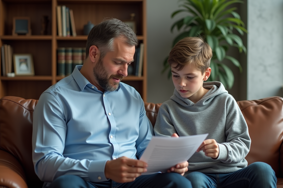 Jeune avocat et adolescent examinant des documents dans un bureau