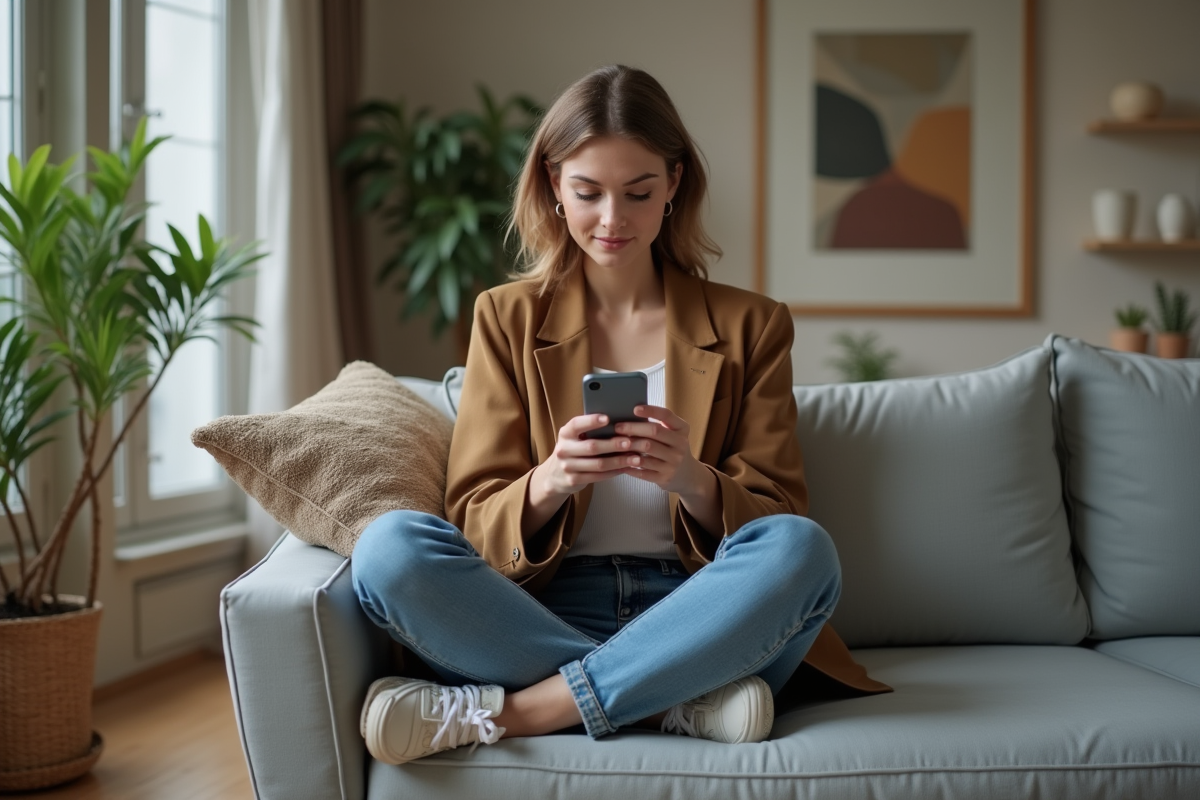 Jeune femme en blazer et jeans dans un salon moderne