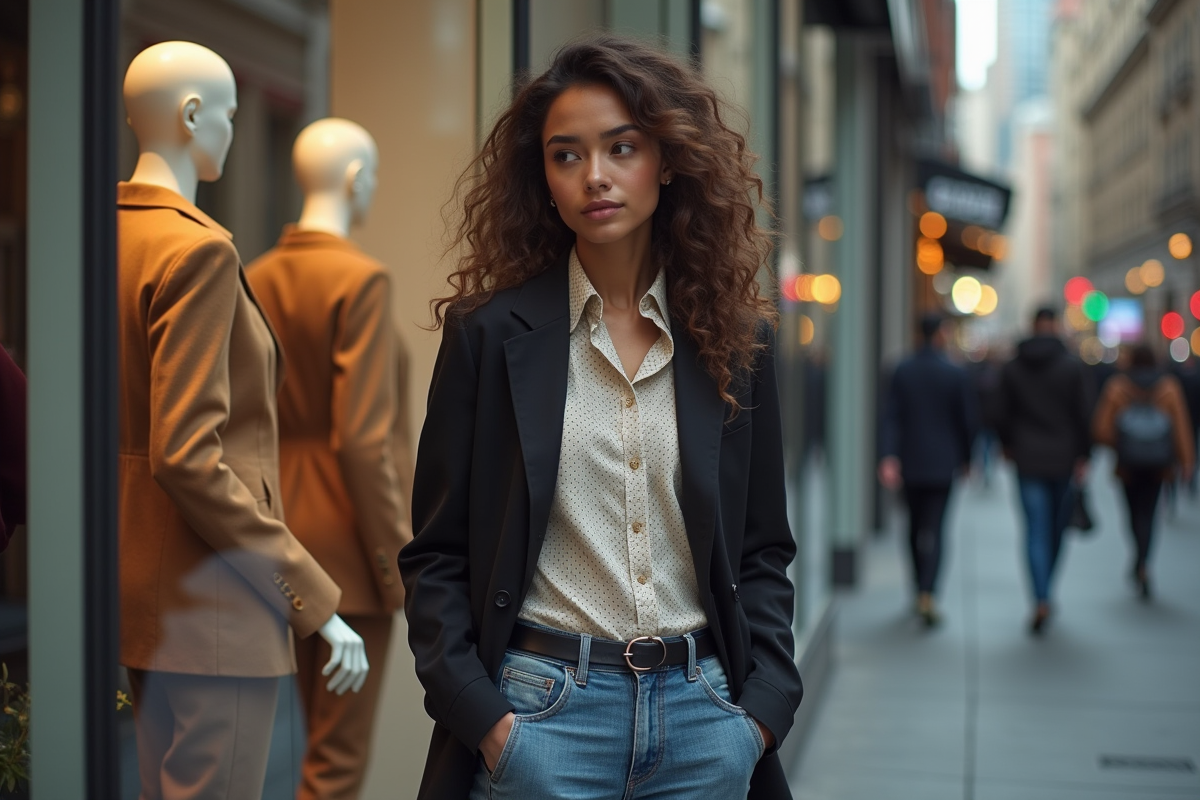 Jeune femme élégante dans une boutique de mode urbaine