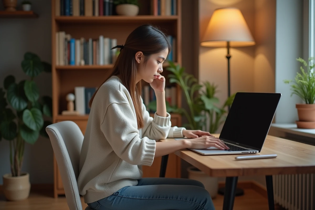 Jeune femme concentrée sur son ordinateur dans un salon cosy