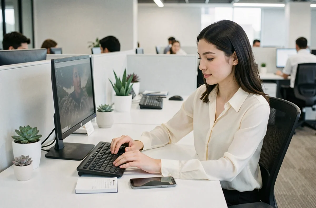 Jeune femme au bureau vérifiant son numéro Lyca Mobile par téléphone