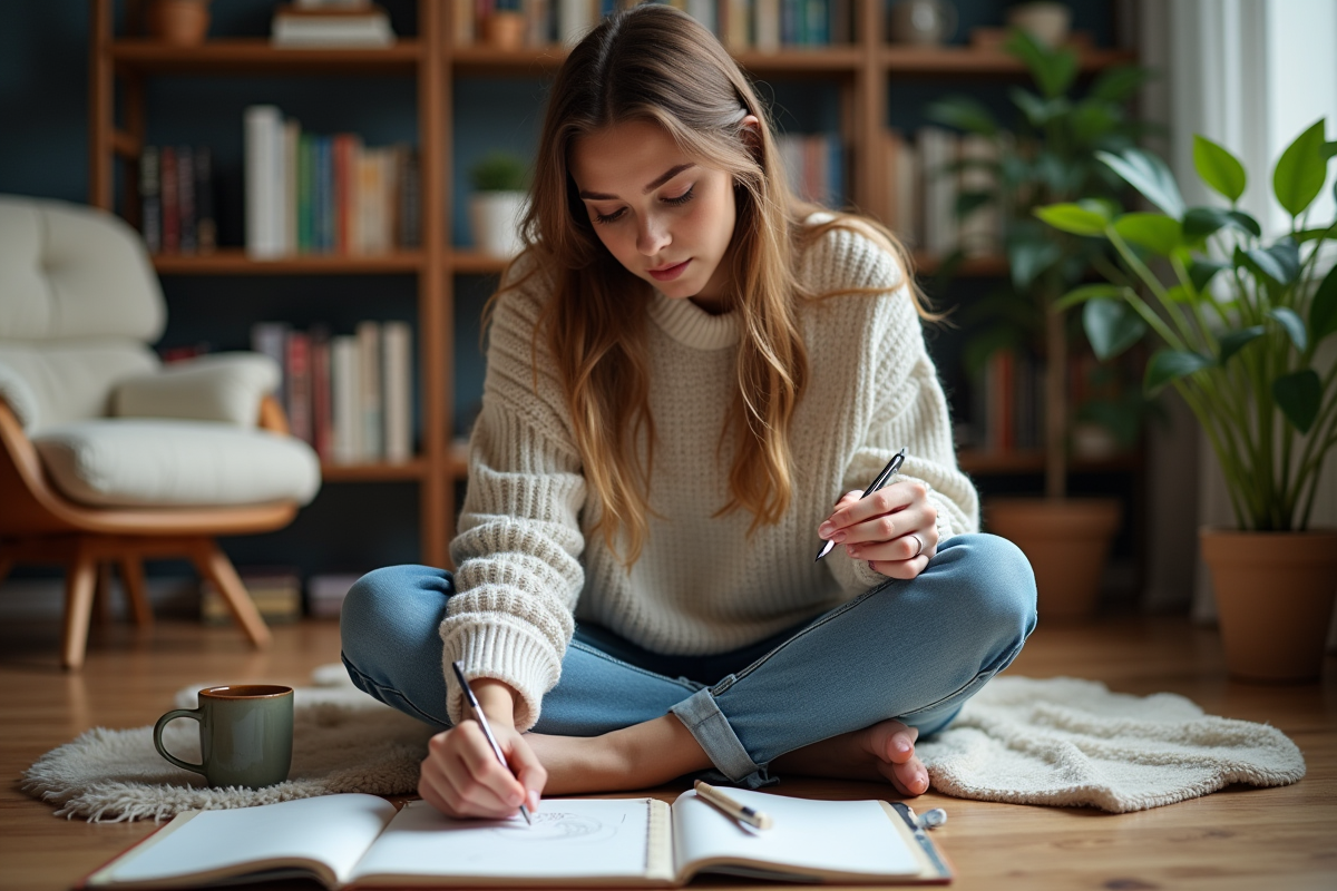 Jeune femme en sweater dessinant dans son appartement