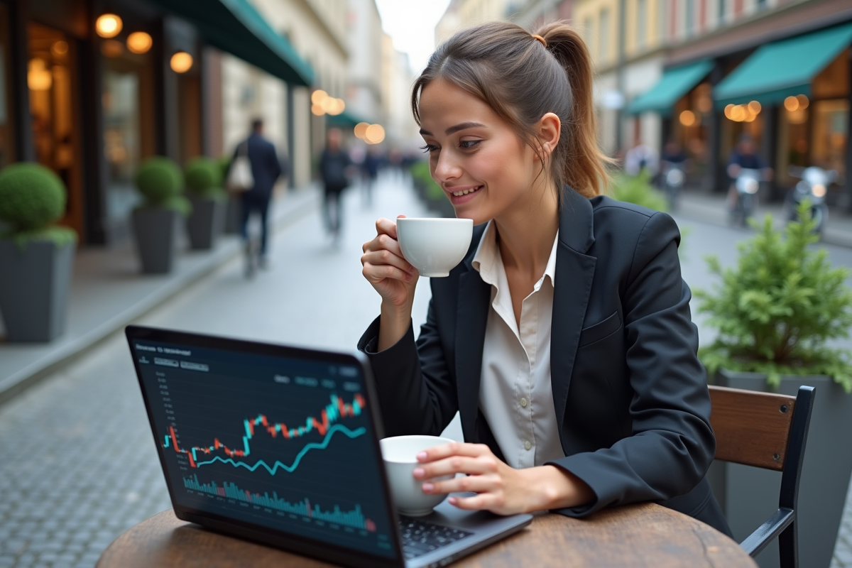 Jeune femme analysant des données financières au café en extérieur