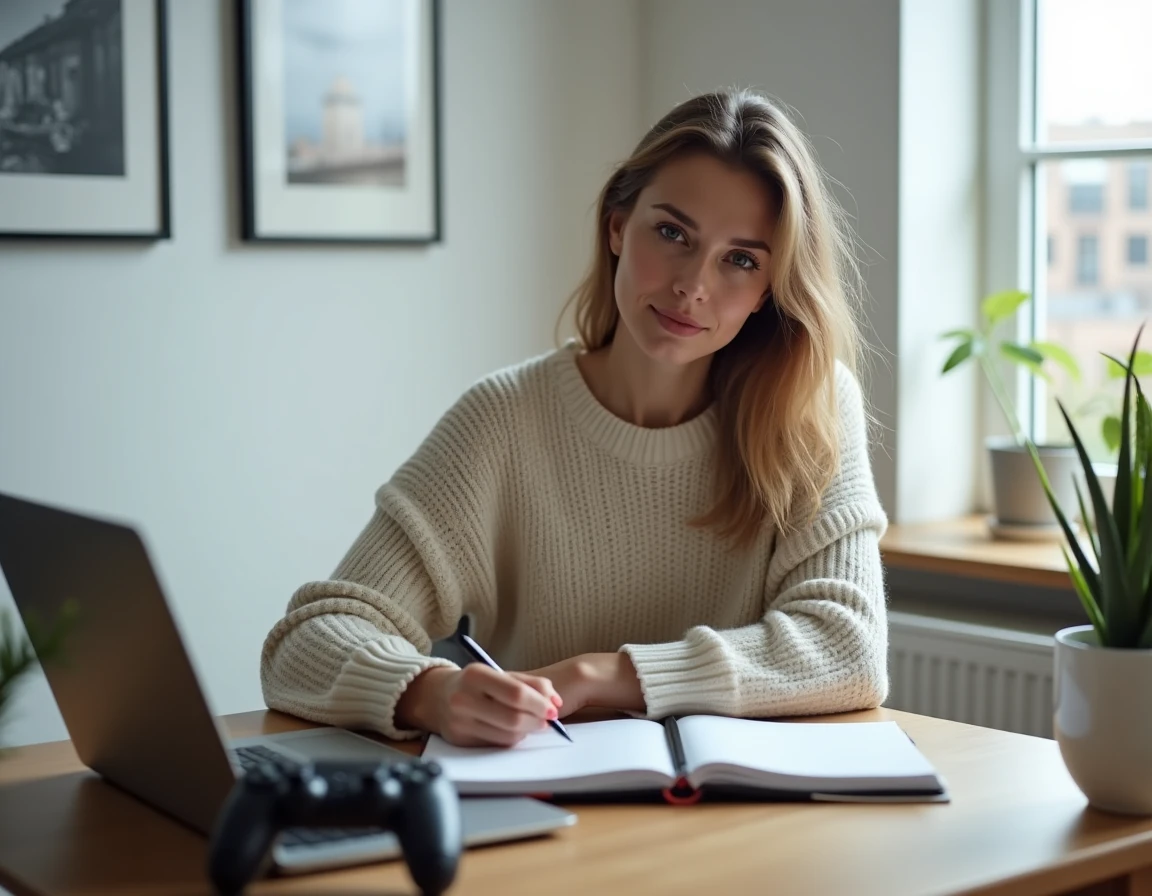 Jeune femme gérant son temps de jeu vidéo avec un planning et une minuterie sur son bureau, illustrant l'équilibre entre gaming et productivité