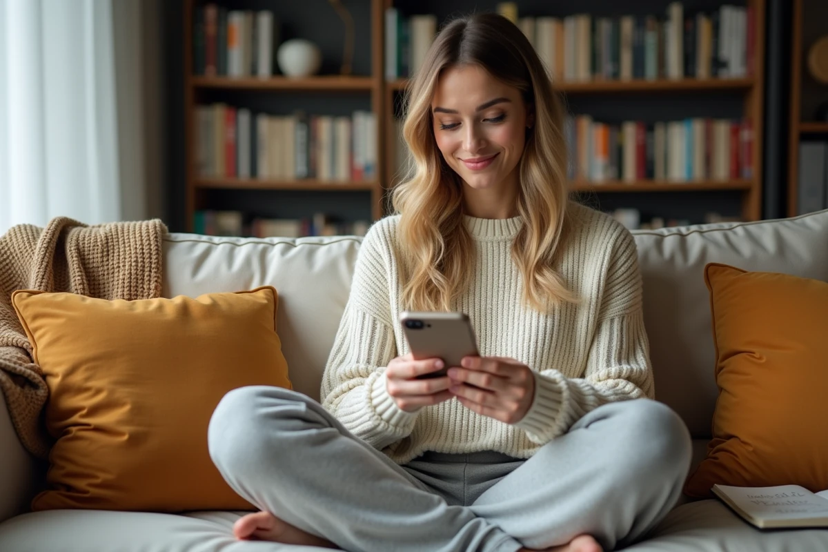 Jeune femme lisant un message sur son téléphone et s'interrogeant sur la bonne formulation grammaticale en français