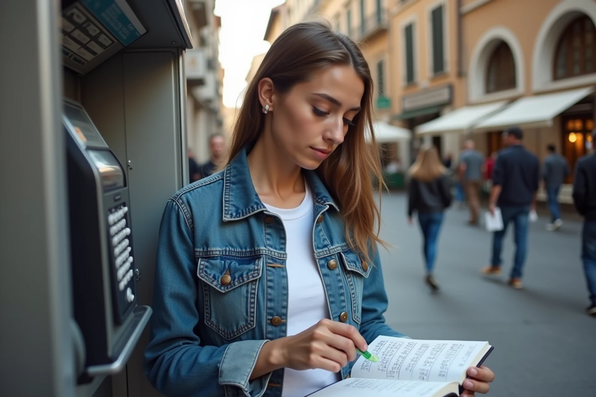 Jeune femme italienne utilisant un téléphone public en ville