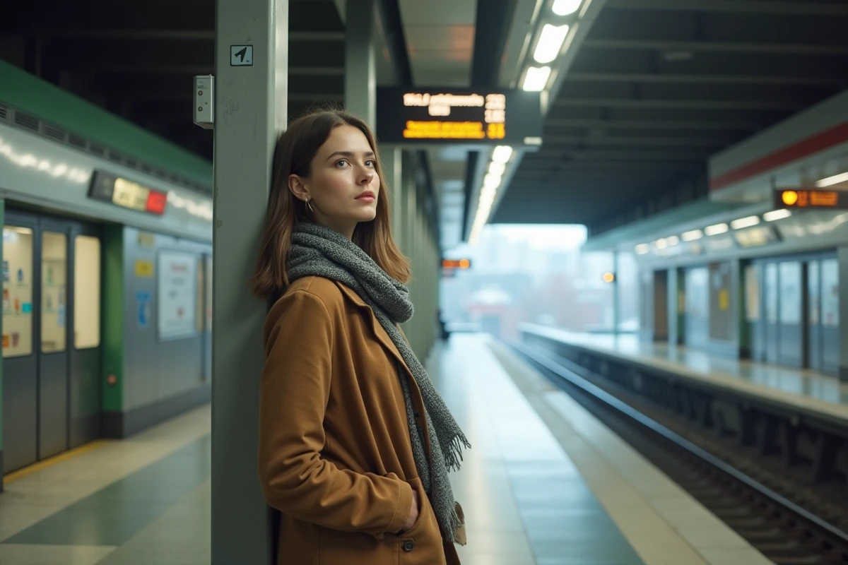 Jeune femme dans une station de métro moderne à Paris