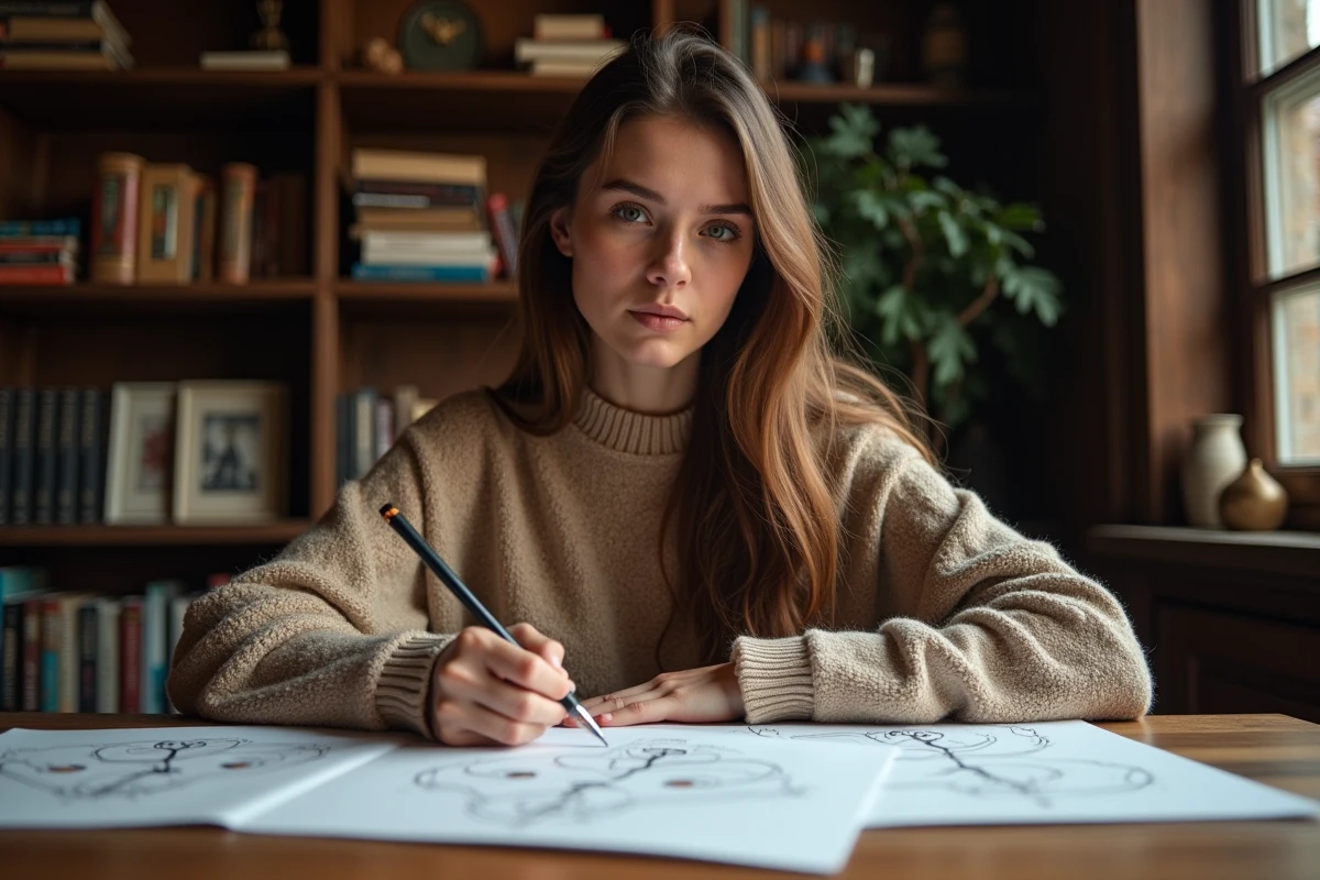 Jeune femme concentrée étudiant des notes et dessins
