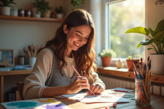Jeune femme joyeuse peignant à la maison avec des fournitures colorées