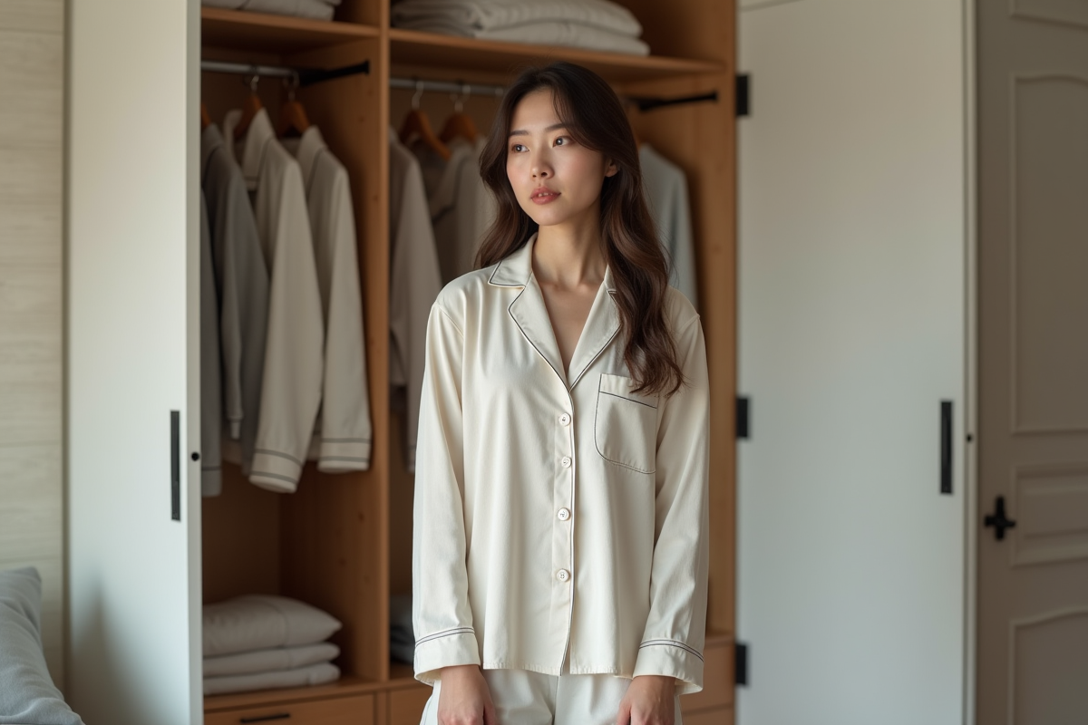 Jeune femme en pyjama coton dans une chambre moderne