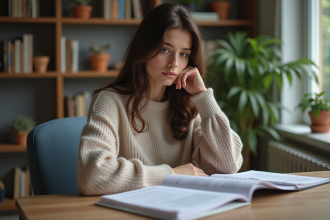 Jeune femme pensive avec papiers financiers dans un appartement moderne