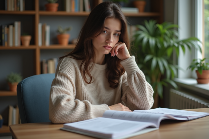 Jeune femme pensive avec papiers financiers dans un appartement moderne