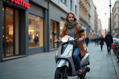 Jeune femme avec scooter en ville dynamique