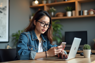 Jeune femme vérifiant son smartphone dans un bureau moderne