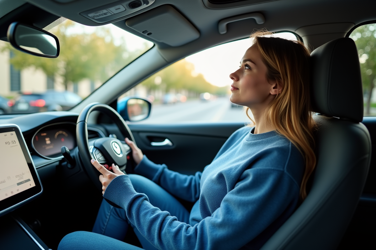 Jeune femme dans une voiture autonome regardant par la fenêtre