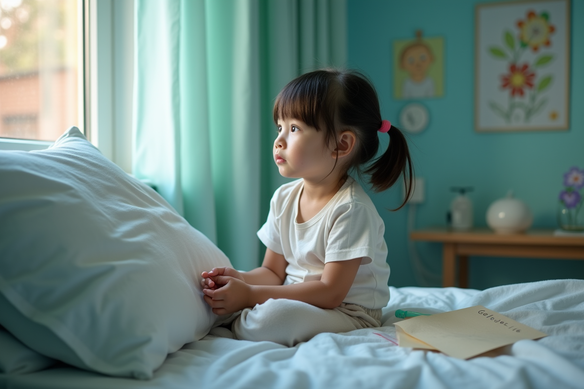Jeune fille assise sur un lit d'hôpital regardant par la fenêtre