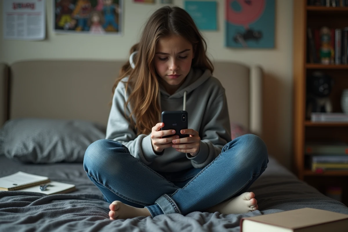 Jeune fille en jean et hoodie sur son lit avec smartphone