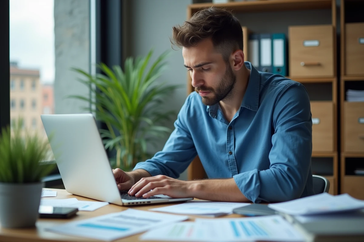 Jeune gestionnaire financier en bureau avec papiers et tablette