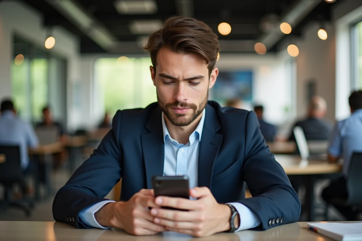 Jeune homme utilisant son smartphone dans un espace de coworking