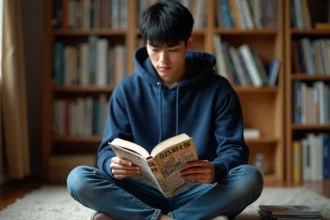 Jeune homme lisant un manga One Piece en version scan sur le sol de sa chambre entourée de volumes manga