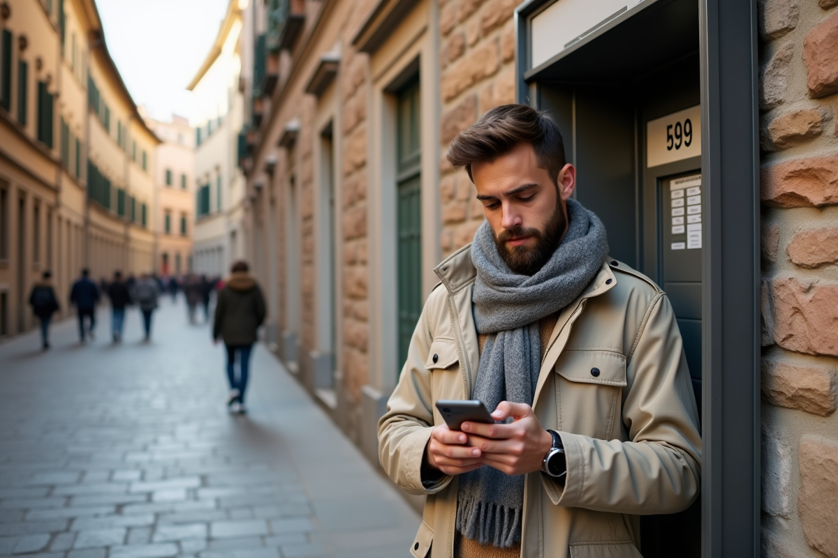 Jeune homme devant une cabine téléphonique italienne