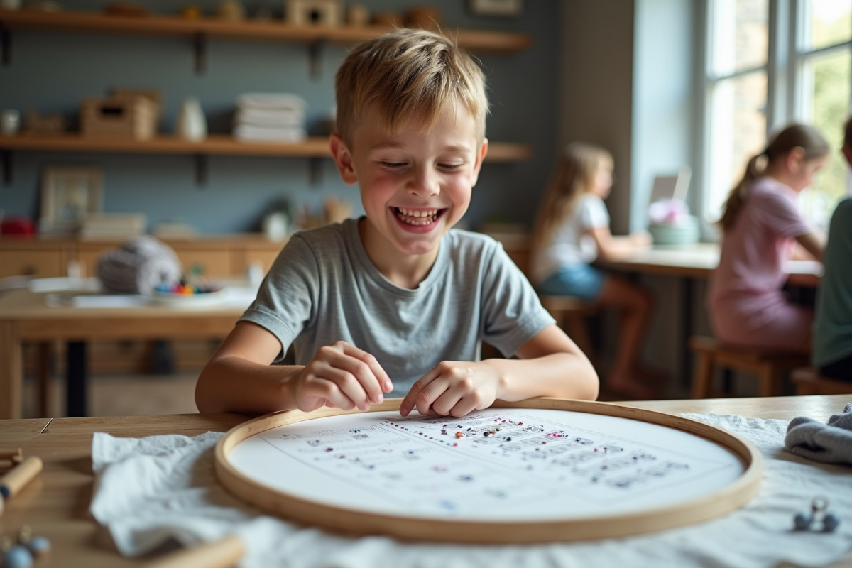 Adolescent riant en sélectionnant un diamant dans un atelier créatif