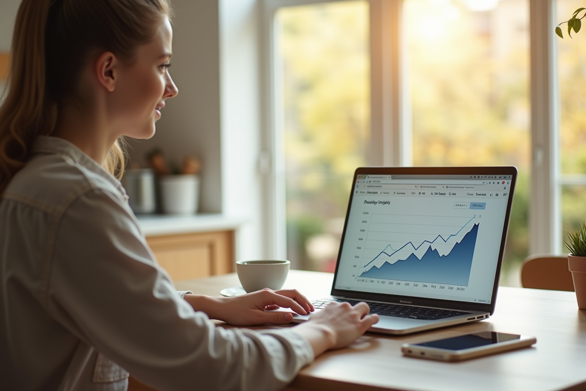 Jeune professionnel avec graphique de salaire sur ordinateur