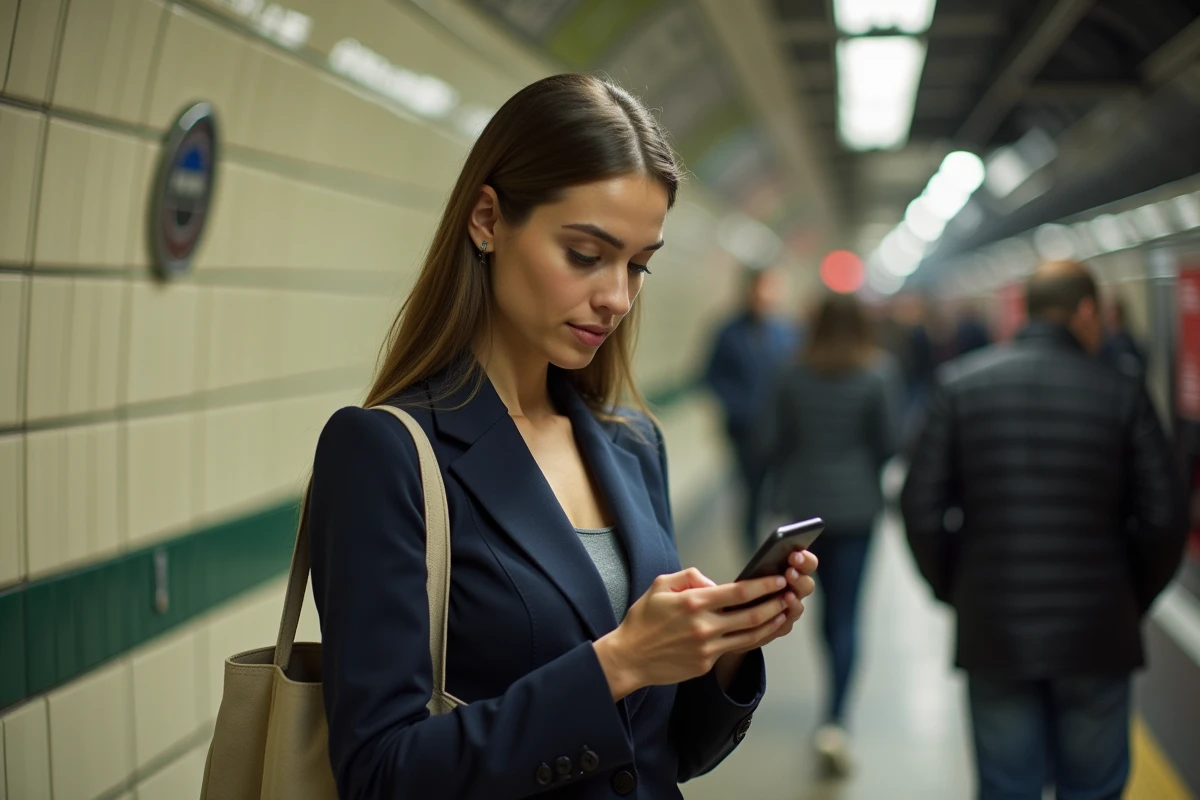 Jeune professionnelle dans le métro parisien symbole de la mobilité urbaine et de l'attraction de Paris