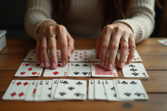 Mains de femme disposant des cartes classiques sur une table en lumière douce