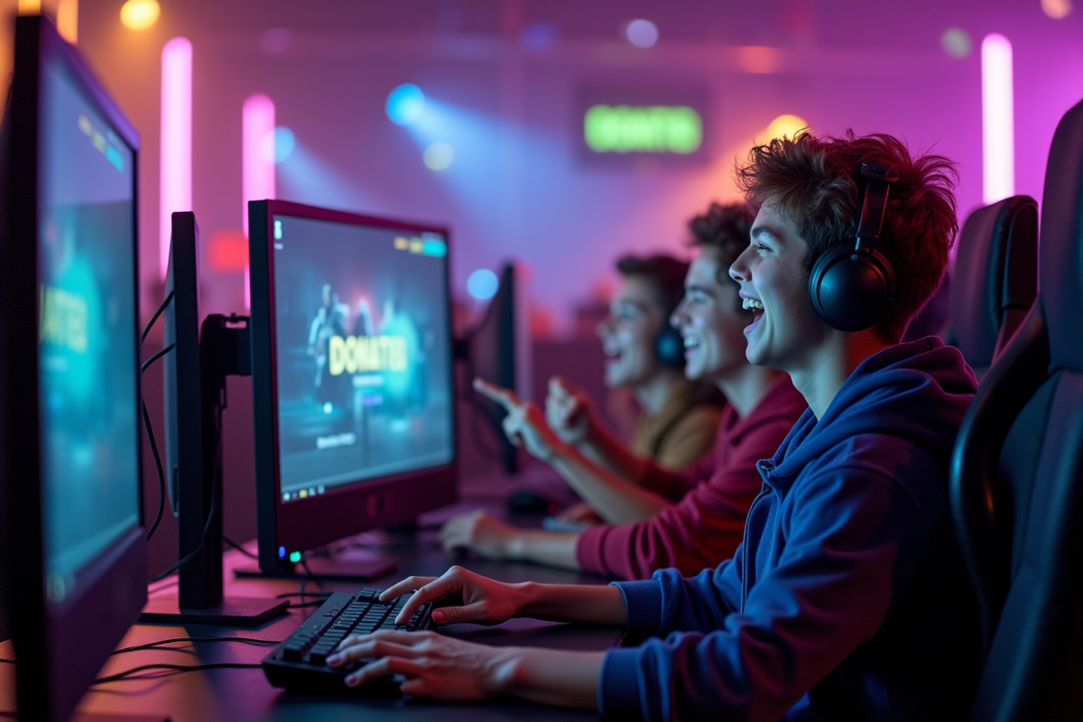 Jeunes gamers souriants devant des écrans lors d'un livestream caritatif
