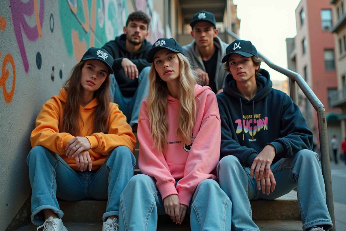 Groupe de jeunes en streetwear 90s sur une marche urbaine