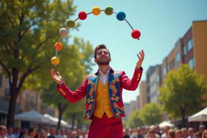 Jongleur professionnel en plein air jonglant avec des clubs colorés
