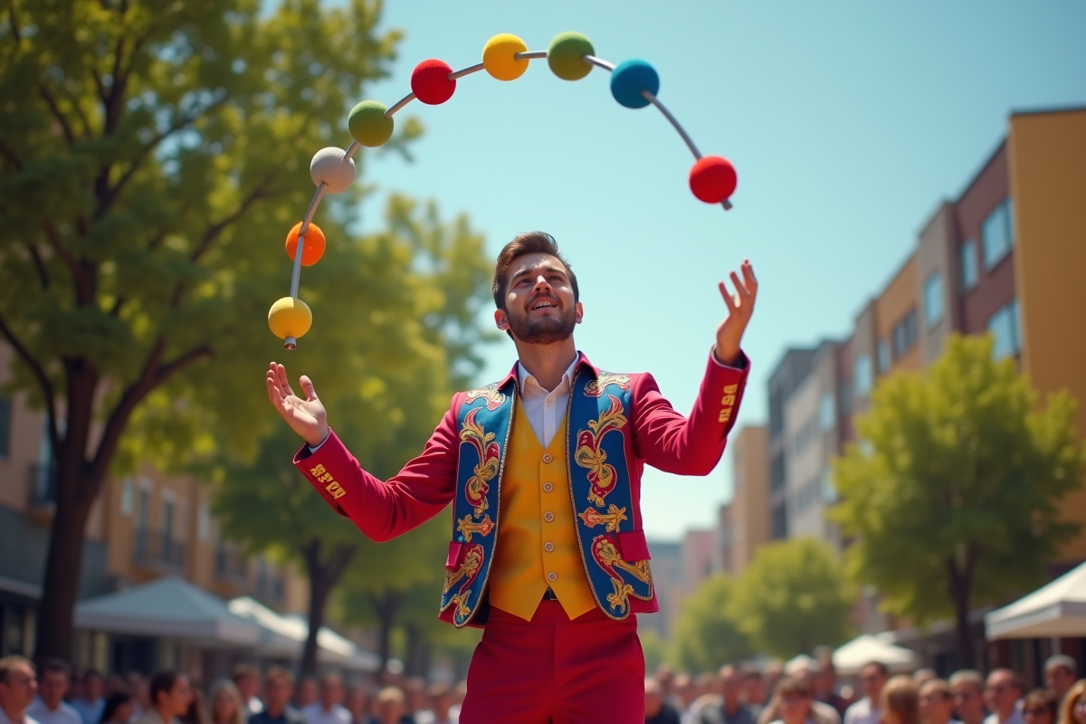 Jongleur professionnel en plein air jonglant avec des clubs colorés