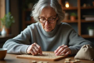 Femme posant une tuile Scrabble avec le mot MOTE sur un plateau de jeu en bois, stratégie Scrabble